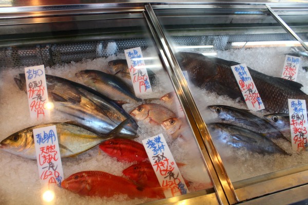 新鮮な魚が沢山並べられた上町池澤本店の冷蔵ショーケース